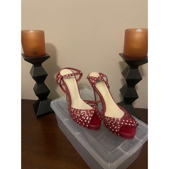 Joey Red & White Polka-Dot Strappy Platform Heels Sz 7.5 - Picture 4 of 5